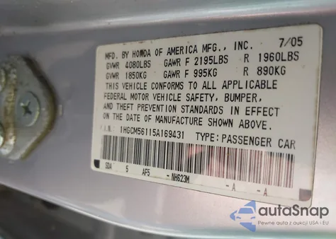 2005 Honda Accord 2.4 Dx z USA, uszkodzony, nr VIN 1HGCM56115A169431